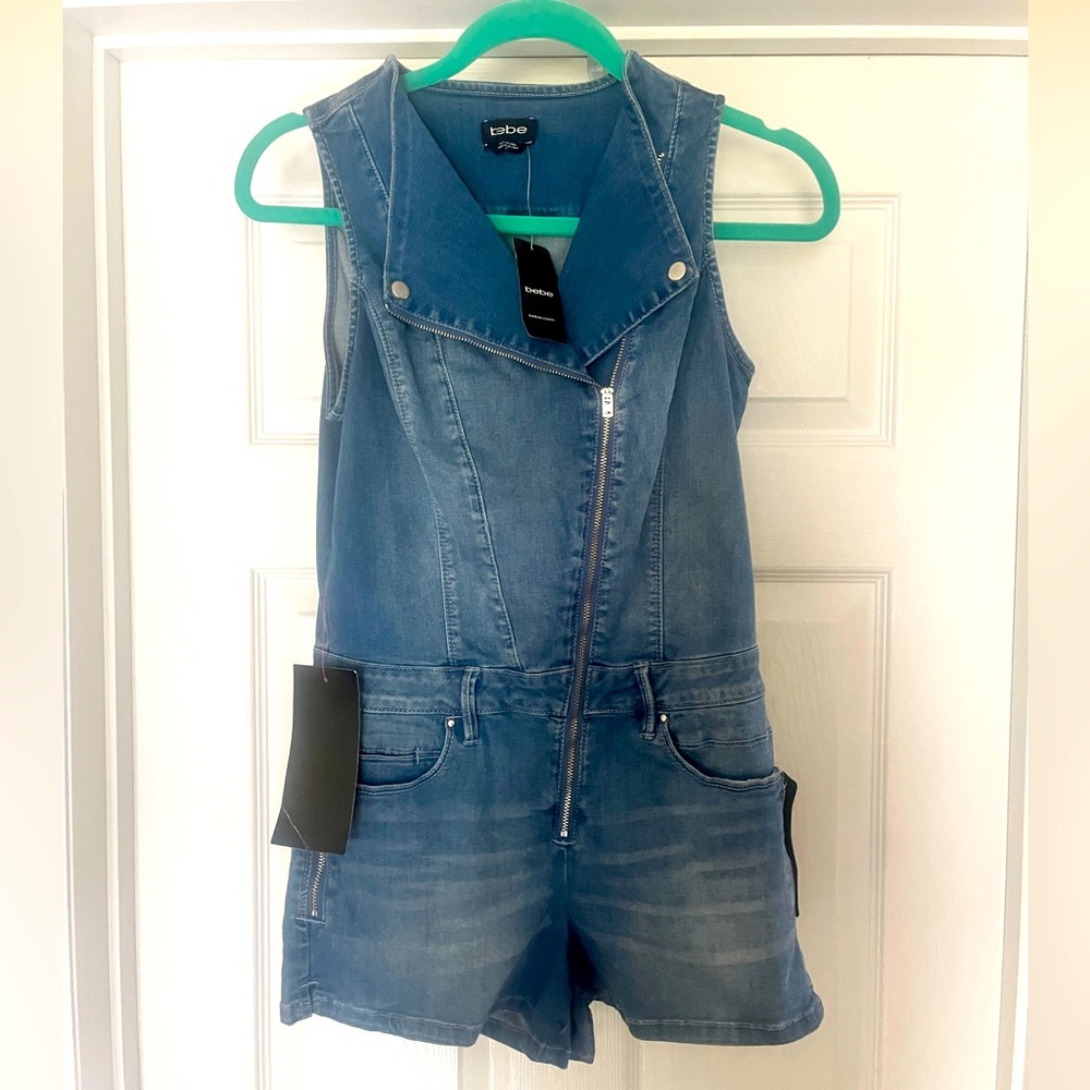 Front zipper denim romper